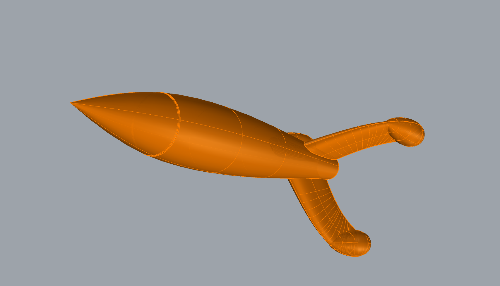 CAD-Modell einer Rakete, orange auf grauem Hintergrund.